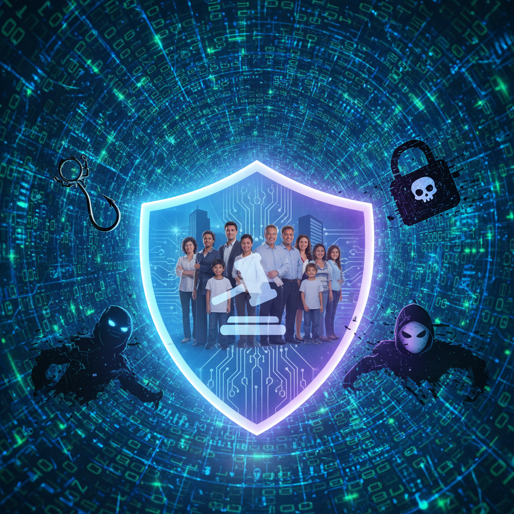 A professional photo of a stylized, glowing digital shield protecting a diverse group of people (representing individuals and institutions) from various cyber threats depicted as shadowy, aggressive digital icons (phishing hook, ransomware lock, identity theft masked figure). The background is a swirling, interconnected network of binary code and data streams, symbolizing the fast-paced digital world. The shield emanates a sense of security and trust, with a subtle legal gavel subtly integrated into its design.