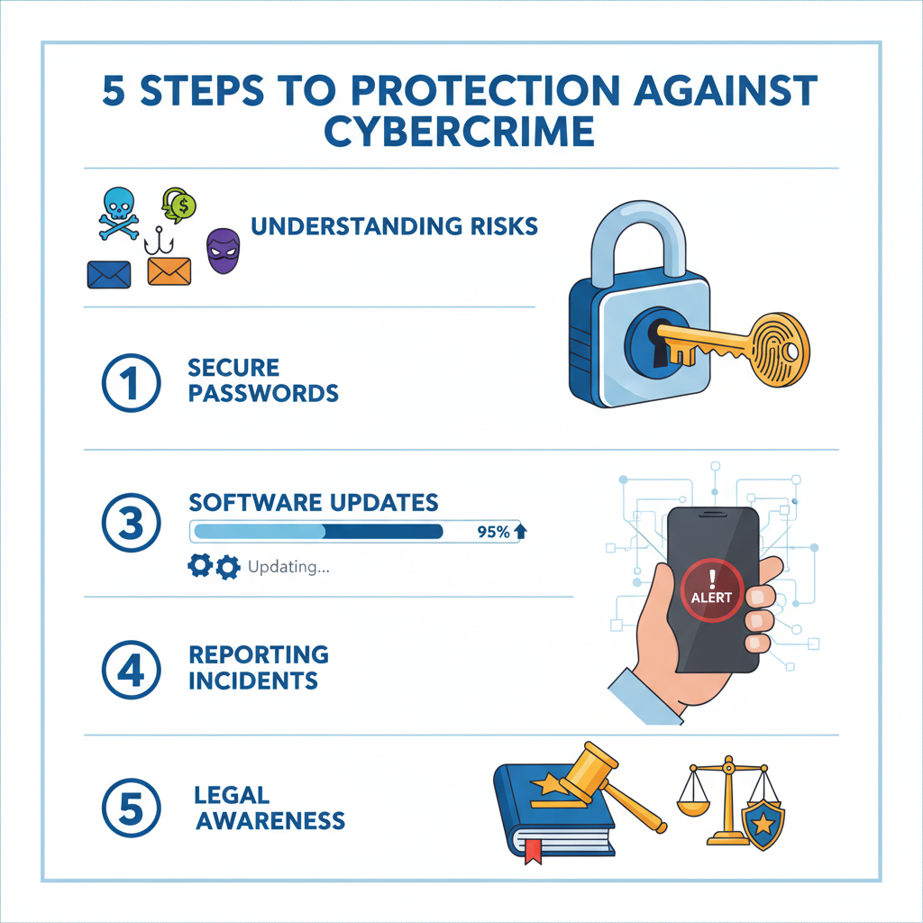 A detailed diagrammatic illustration showcasing the '5 Steps to Protection against Cybercrime'. Each step is clearly numbered and has a corresponding visual element. Step 1 (Understanding Risks) could show diverse cybercrime icons, Step 2 (Secure Passwords) a strong padlock and unique key, Step 3 (Software Updates) a progress bar updating, Step 4 (Reporting Incidents) a hand holding a smartphone with an 'alert' icon, and Step 5 (Legal Awareness) a stylized legal book or scale. The style should be clean, educational, and easy to follow, using vibrant but professional colors.