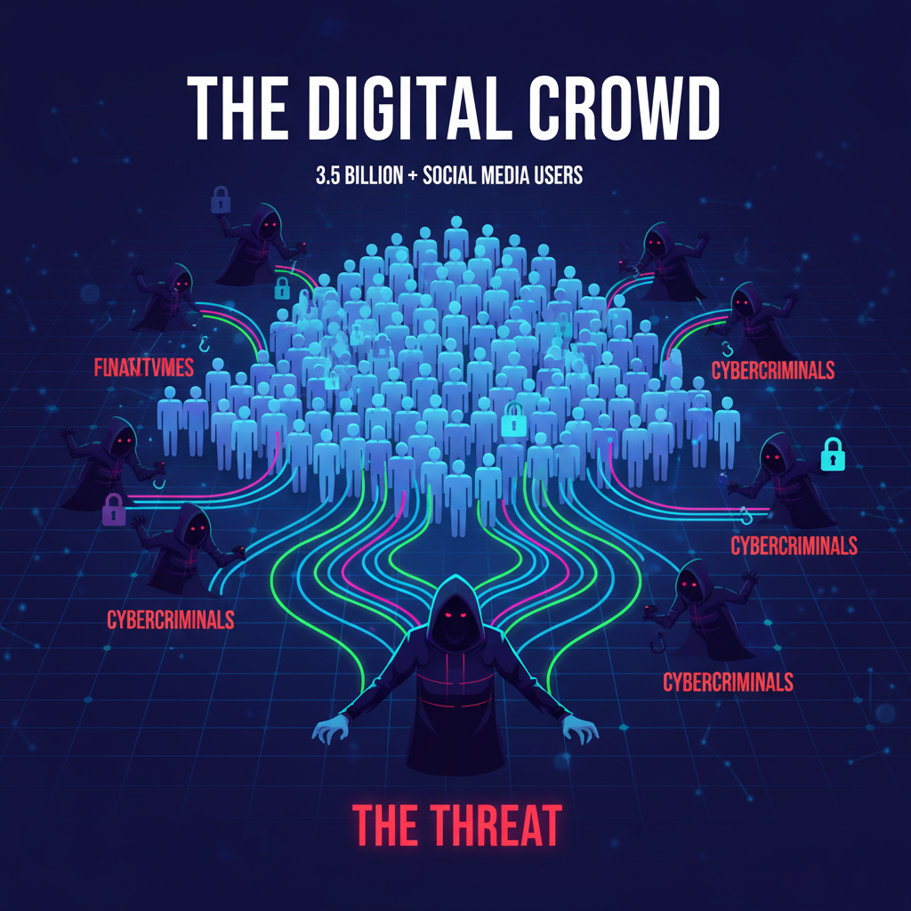 A stark, stylized infographic illustrating the vastness of social media users (3.5 billion +) contrasted with smaller, menacing icons representing cybercriminals lurking. The background should be a subtle network grid, with glowing data streams leading towards a dark, shadowy figure. Use a palette of deep blues, purples, and neon accents to convey a digital, slightly ominous atmosphere. Infographic style.