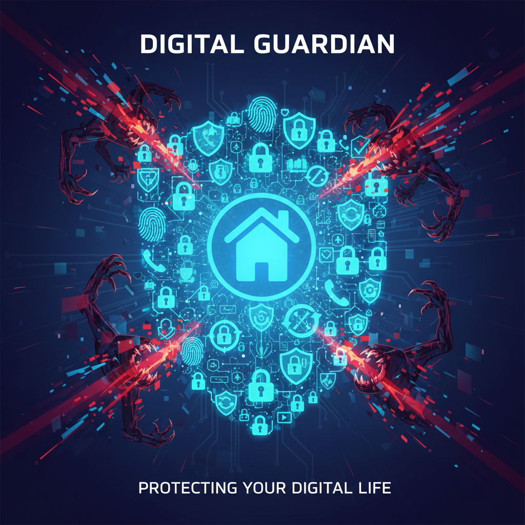 An allegorical image depicting a digital shield or a fortress made of interconnected glowing security icons (like padlocks, biometric scans, multi-factor authentication symbols) protecting a stylized profile icon or a house silhouette. Outside the shield, shadowy figures or abstract digital monsters (representing malware, phishing) are trying to break through. Use vibrant blues and greens for the protective elements against darker, redder hues for the threats. Abstract, infographic-like illustration.