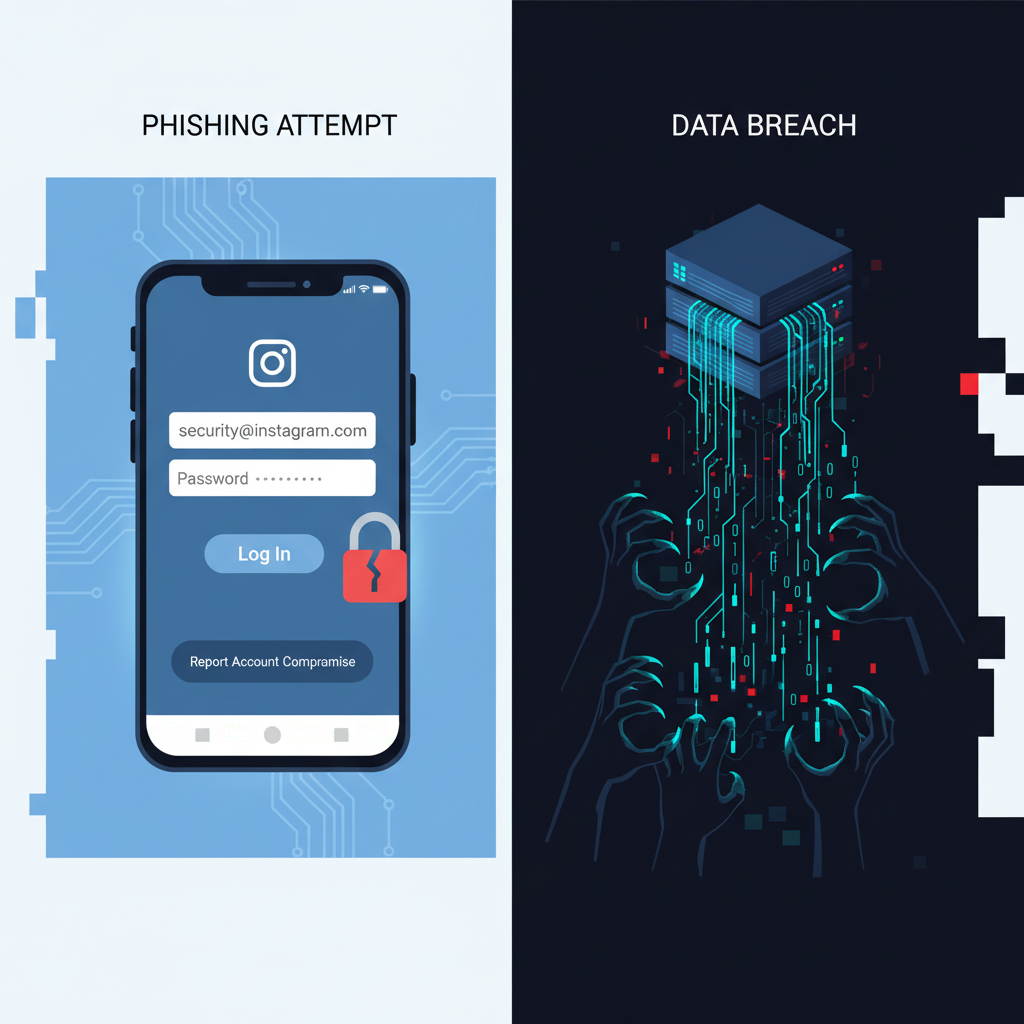A split image or collage showing common cyber threats. On one side, a smartphone screen displaying a phishing email or fake login page for Instagram, with a padlock icon visibly broken. On the other side, an abstract representation of data flowing out of a breached corporate server, depicted as glowing lines and binary code spilling into dark, predatory hands. Flat illustration style with a strong contrast between light and dark elements.