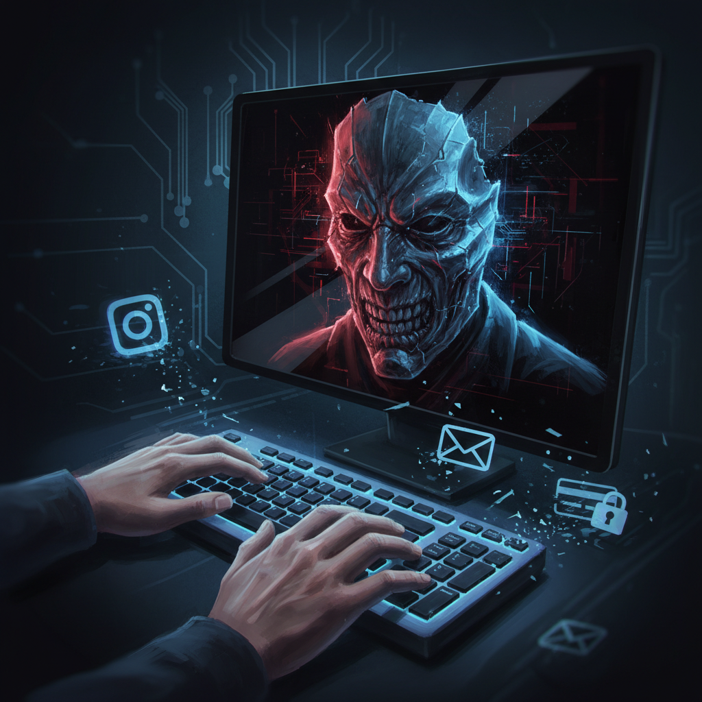A close-up, semi-realistic illustration of a pair of hands typing furiously on a glowing keyboard, but the screen reflects a distorted, menacing face or a hacker's mask, symbolizing identity theft and impersonation. Scattered around the keyboard are blurred icons representing Instagram, email, and bank account logins. Employ dramatic lighting, focusing on the screen's glow and the reflections. Digital painting style.