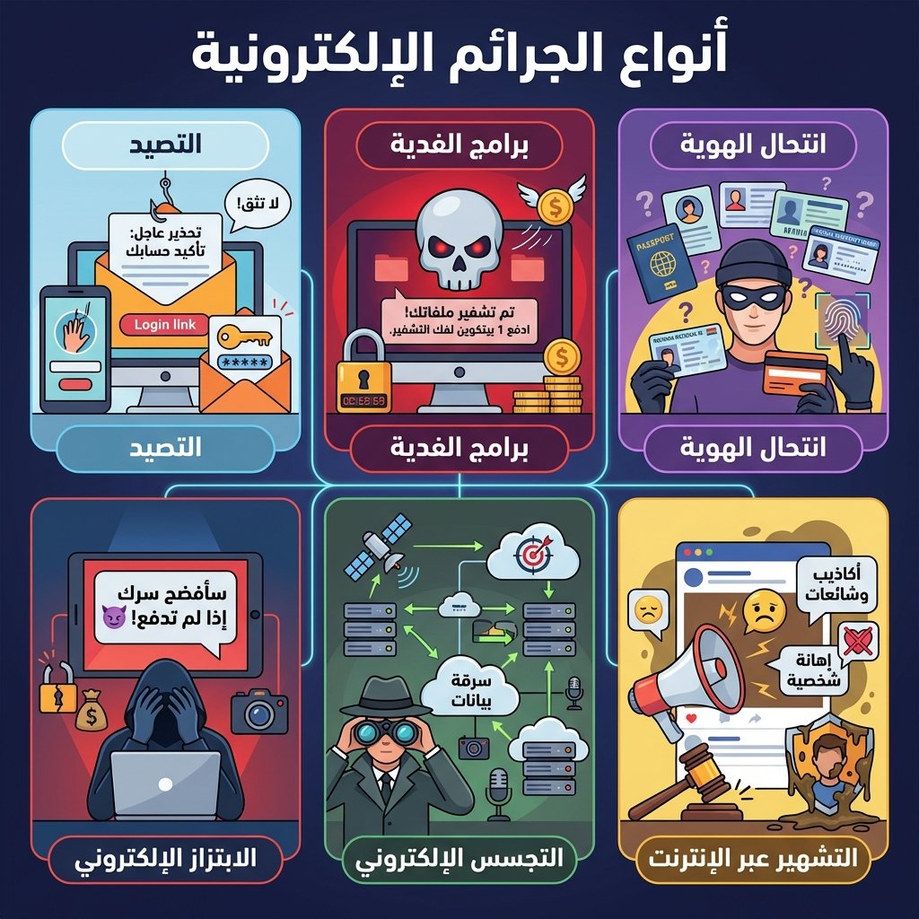 An infographic-style illustration depicting the 'Types of Cybercrimes'. Each type (Phishing, Ransomware, Identity Theft, Cyber Extortion, Cyber Espionage, Online Defamation) is represented by a distinct, easily recognizable icon or mini-scene within a clean, segmented layout. For example, Phishing would show a deceptive email, Ransomware a locked computer screen with a skull icon, and Cyber Extortion a silhouette of a person being threatened by a digital message. Use a modern, vector art style with clear labels in Arabic.
