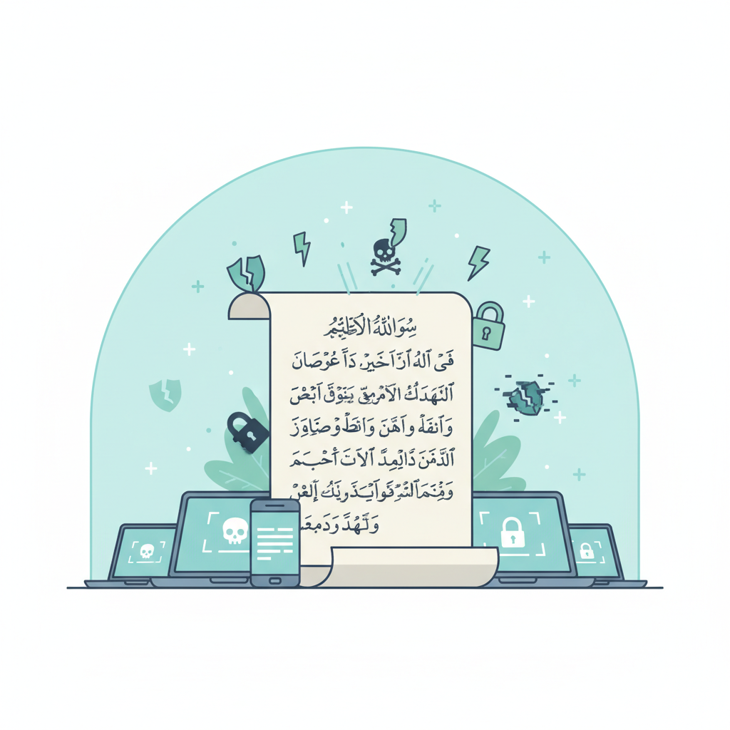 A flat illustration showing the concept of 'Cybercrime Law as a Protective Framework'. A large, solid legal document (representing the law) with Arabic text on it acts as a strong foundation, with various digital activities and user devices (laptops, smartphones) situated below it. Above the document, a light, protective barrier extends, deflecting or containing digital threats (represented as small, abstract malicious shapes or icons) that are attempting to breach. The overall color scheme should be balanced, incorporating blues, greens, and grays to convey stability and protection.